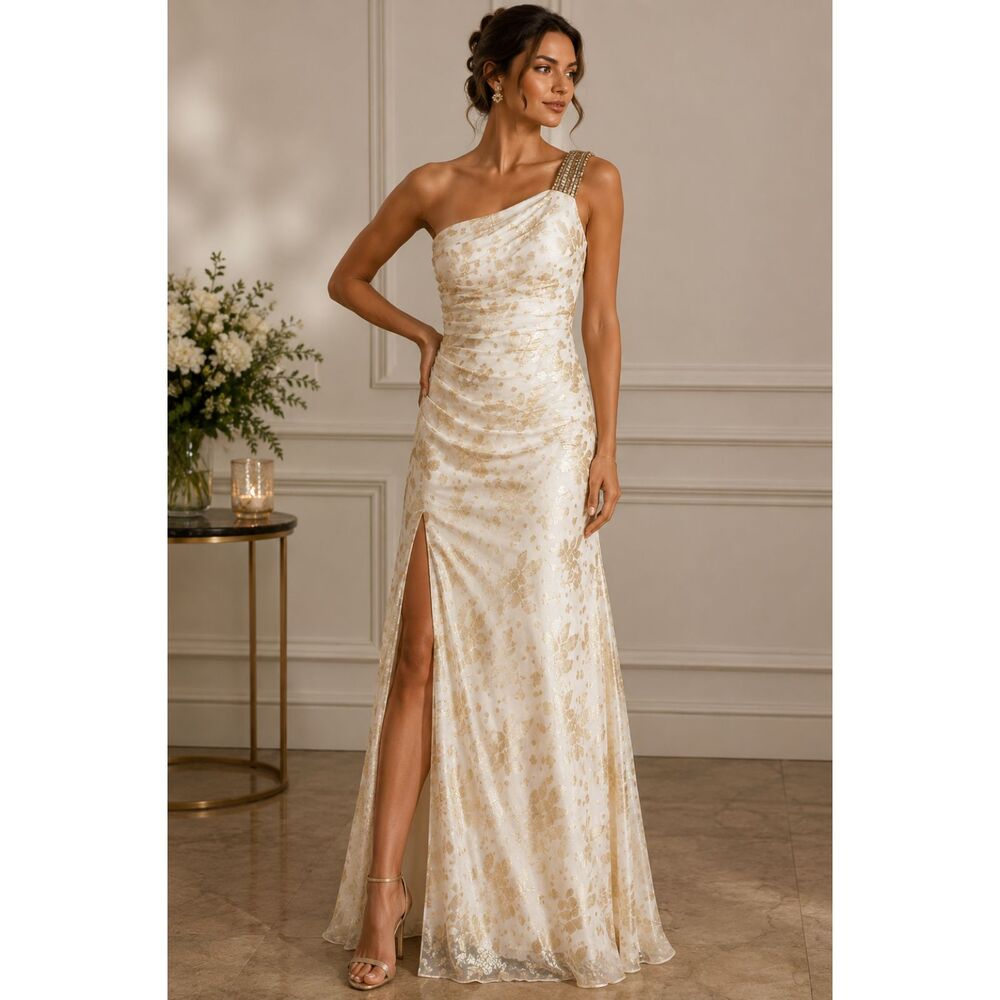 Aidan Mattox Ivory Silk Gold Metallic Floral One Shoulder Gown Hoco Wedding Rush
